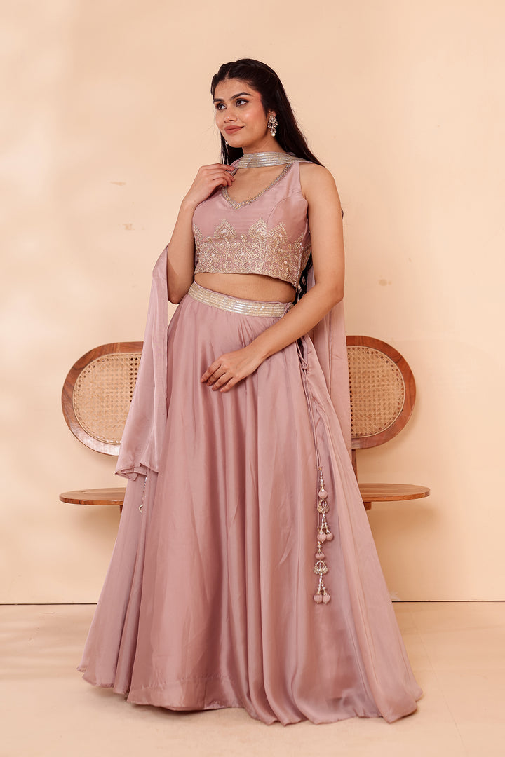 Light Taupe Crepe Tissue Silk Lehenga Choli.