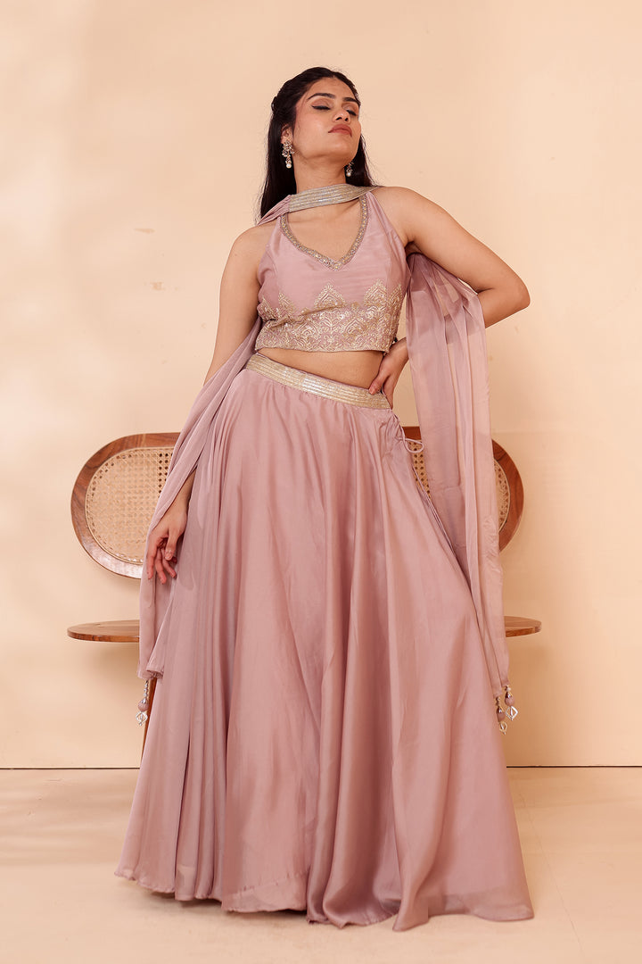 Light Taupe Crepe Tissue Silk Lehenga Choli.