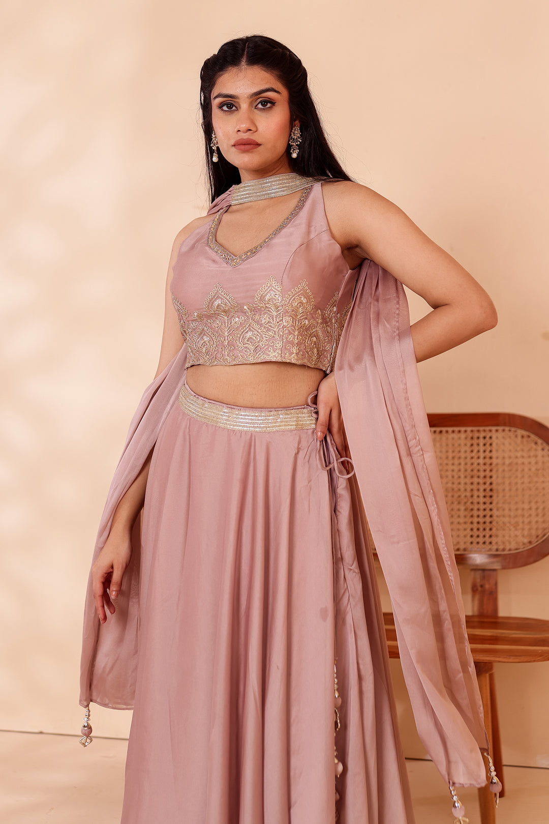 Light Taupe Crepe Tissue Silk Lehenga Choli.
