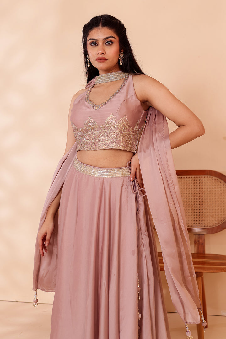 Light Taupe Crepe Tissue Silk Lehenga Choli.