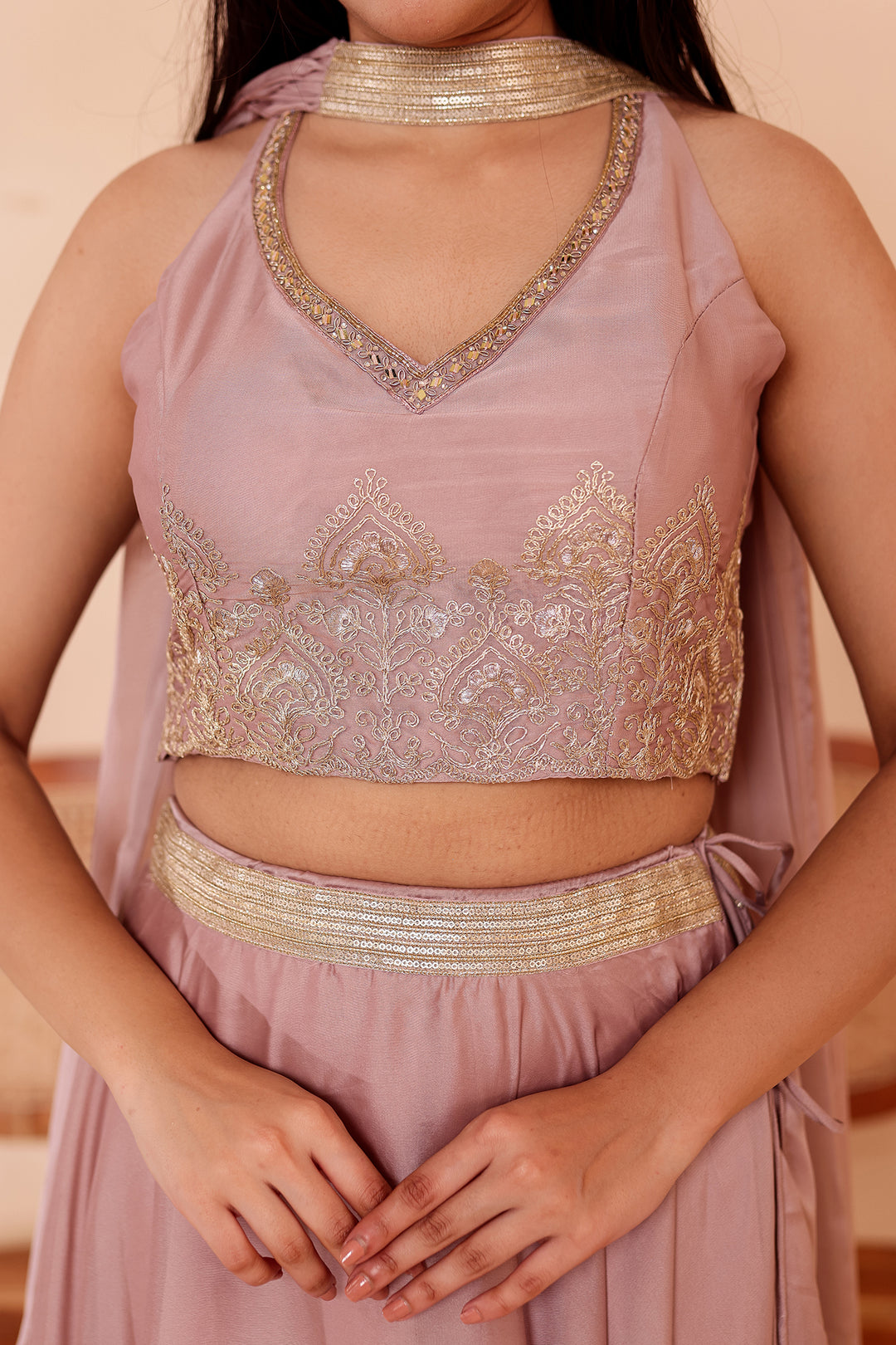 Light Taupe Crepe Tissue Silk Lehenga Choli.