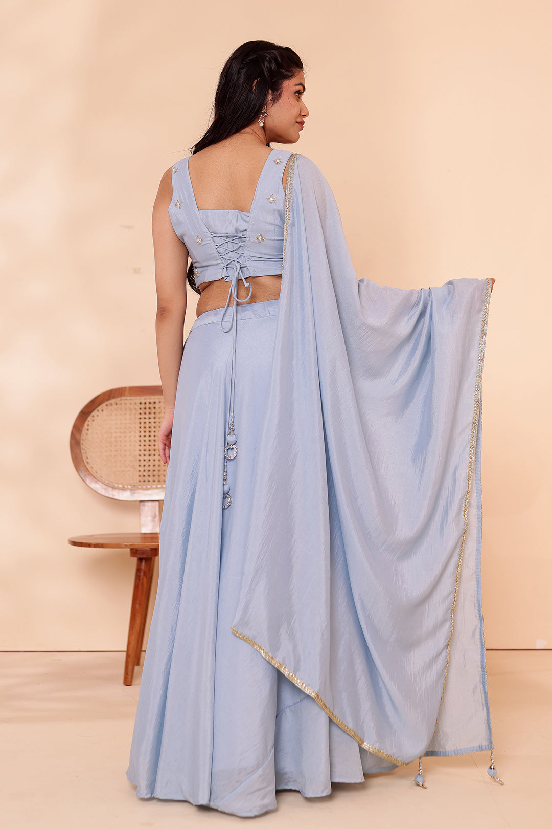 Dusty Blue Crepe Silk Lehenga Choli.