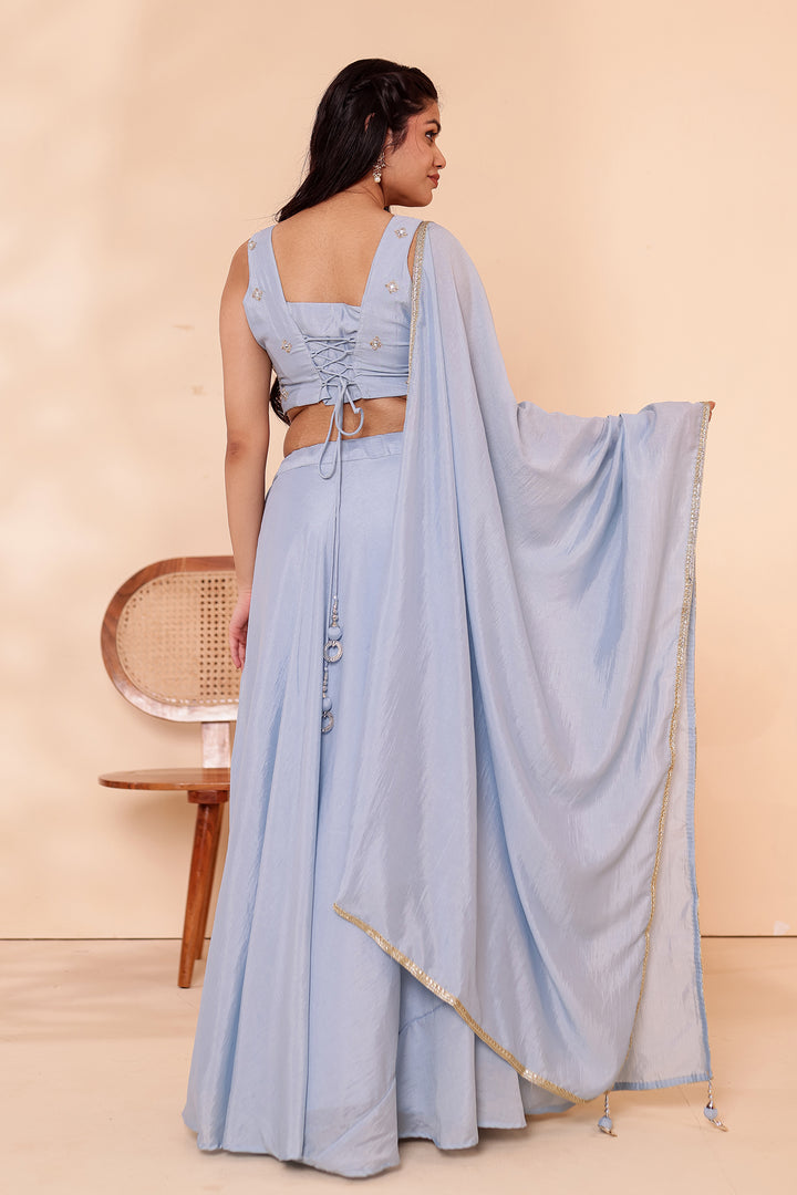 Dusty Blue Crepe Silk Lehenga Choli.