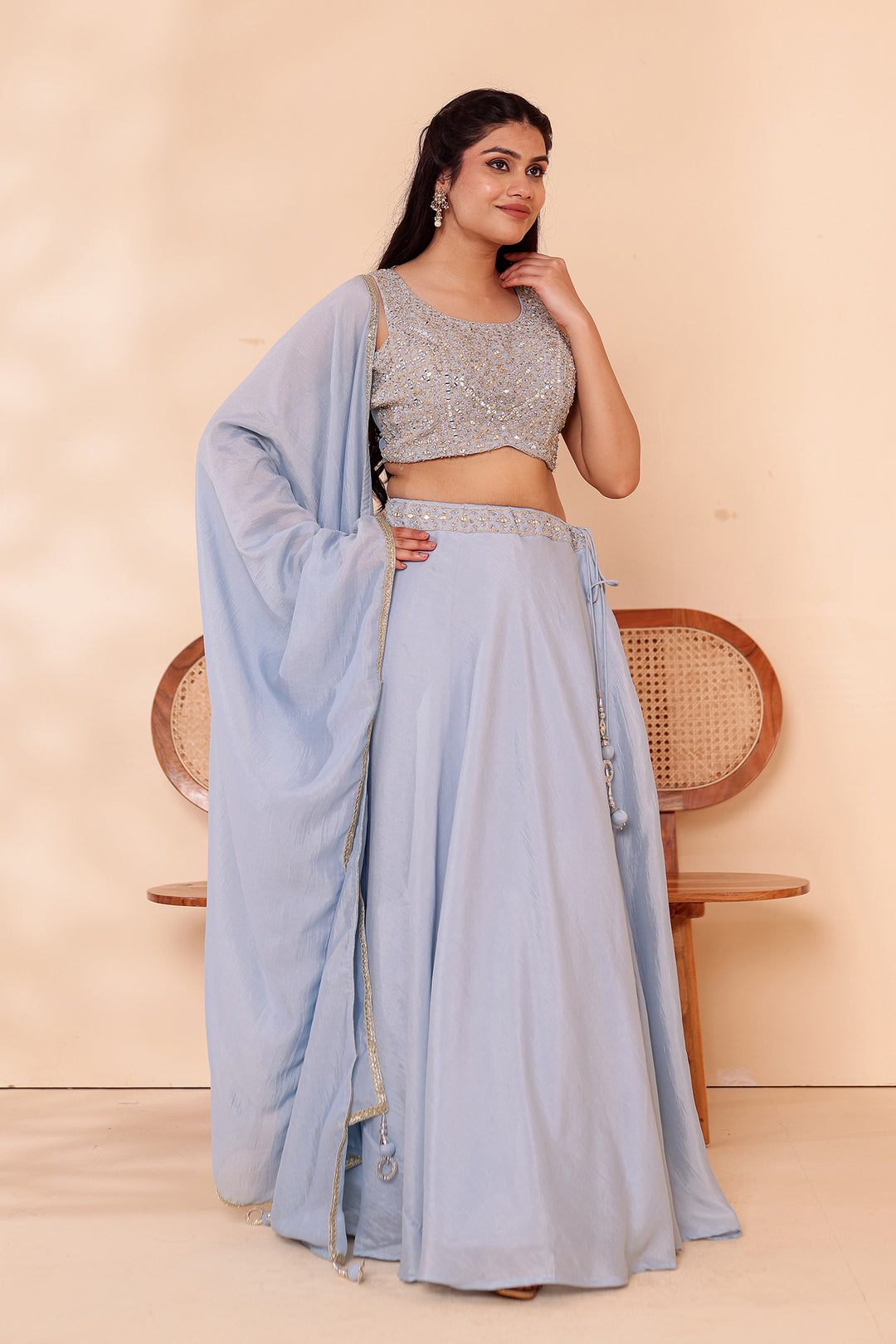 Dusty Blue Crepe Silk Lehenga Choli.