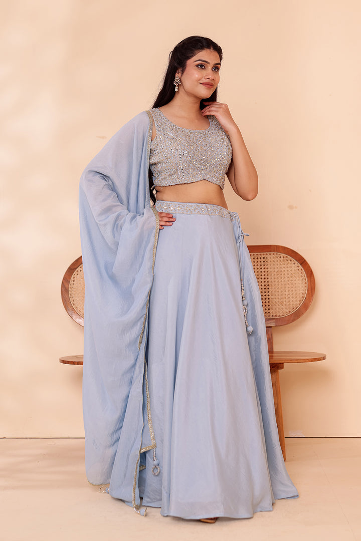 Dusty Blue Crepe Silk Lehenga Choli.