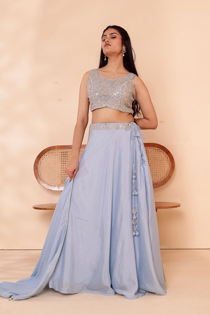 Dusty Blue Crepe Silk Lehenga Choli.
