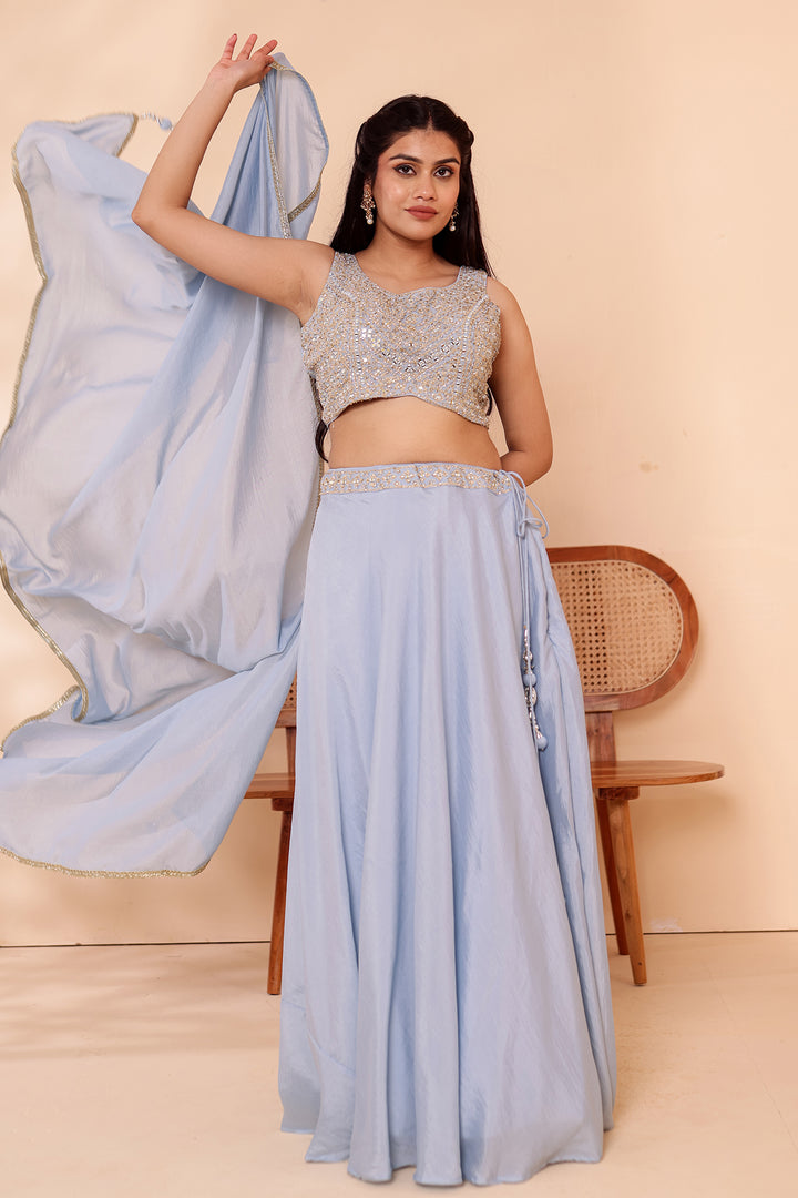 Dusty Blue Crepe Silk Lehenga Choli.