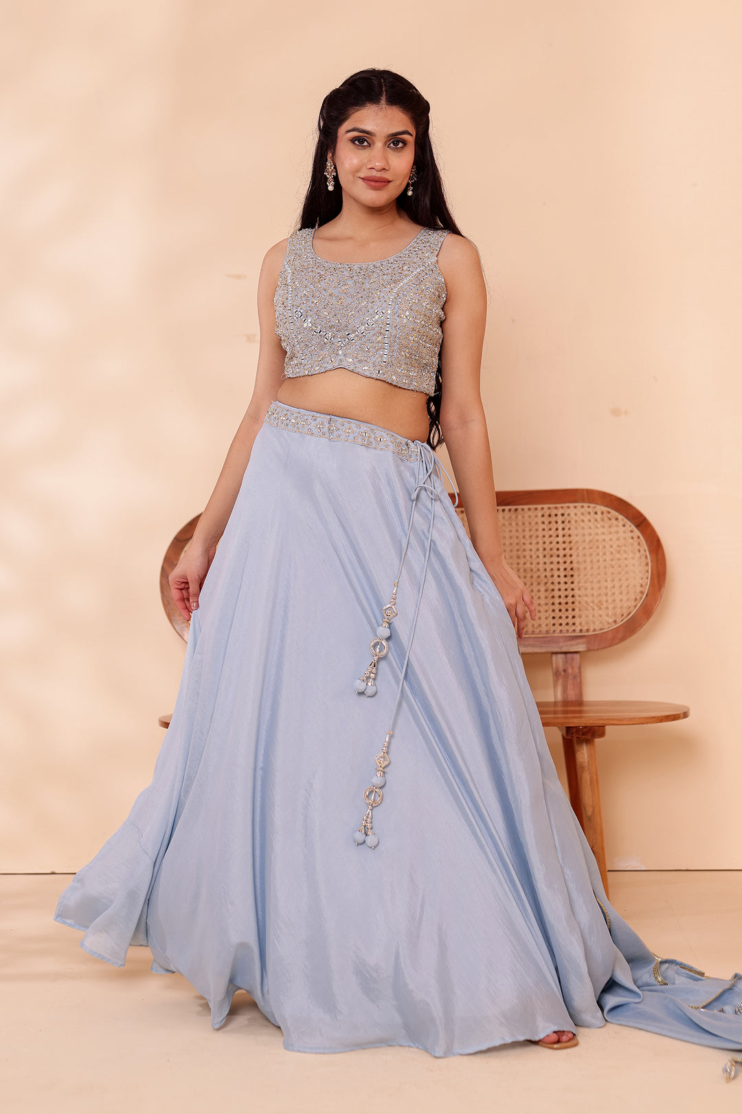 Dusty Blue Crepe Silk Lehenga Choli.