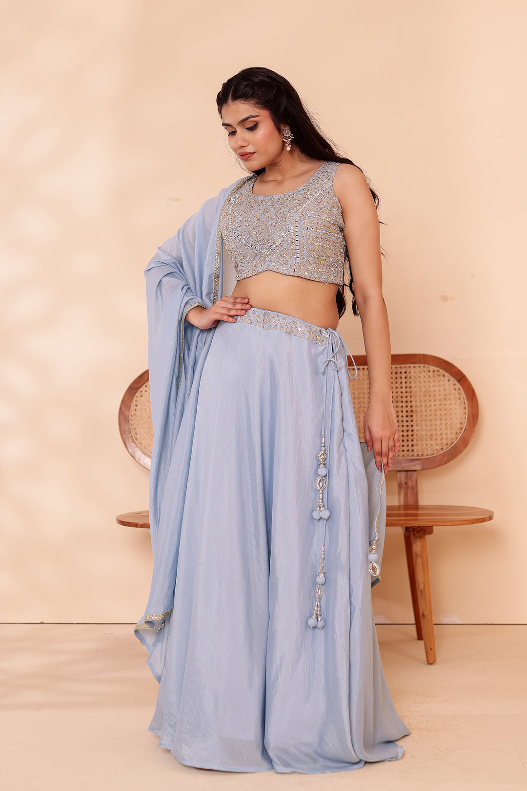 Dusty Blue Crepe Silk Lehenga Choli.