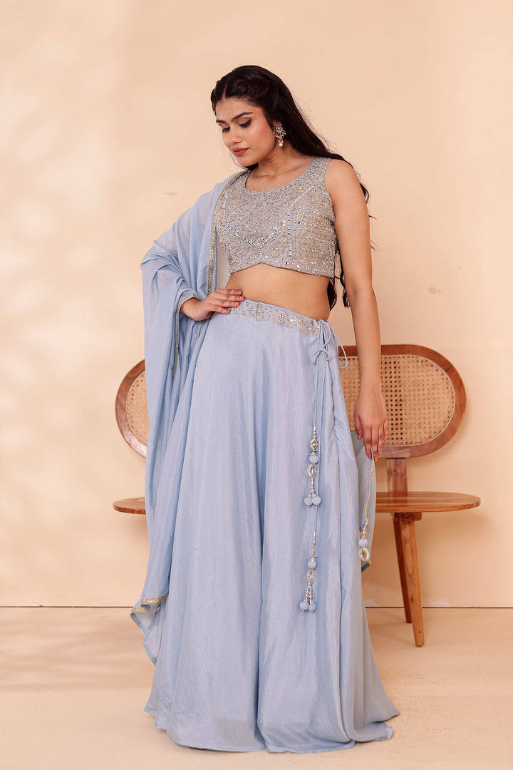 Dusty Blue Crepe Silk Lehenga Choli.