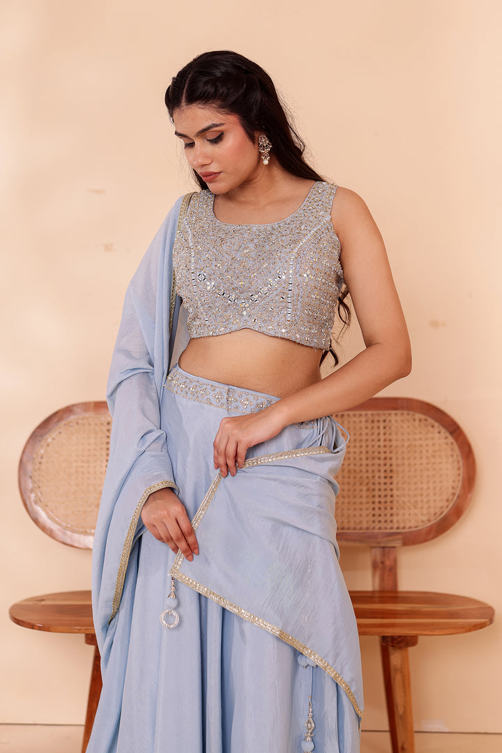 Dusty Blue Crepe Silk Lehenga Choli.