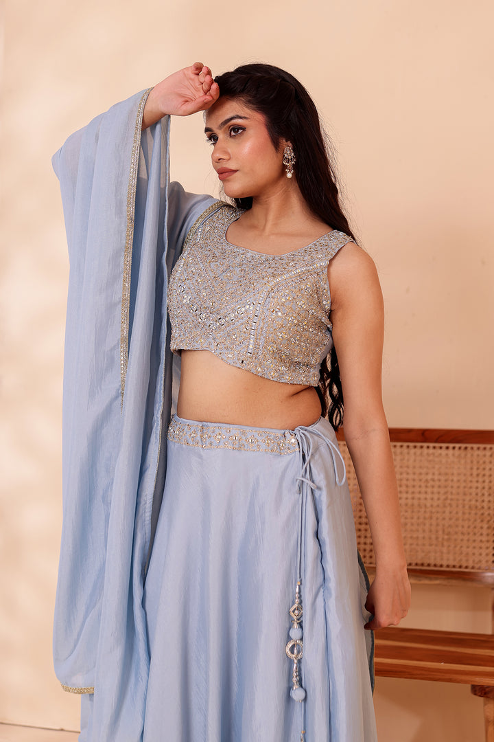 Dusty Blue Crepe Silk Lehenga Choli.
