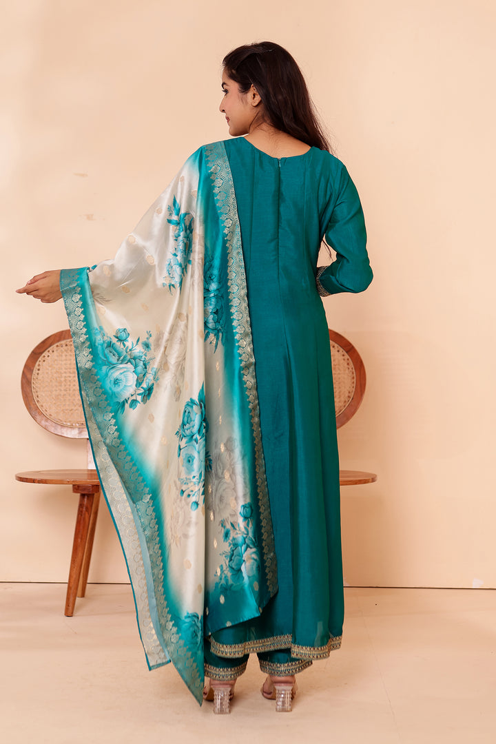 Rama Vichitra Silk Anarkali Suit with Floral Dupatta