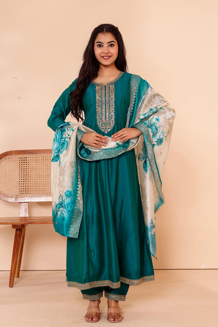 Rama Vichitra Silk Anarkali Suit with Floral Dupatta