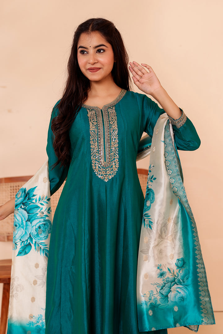 Rama Vichitra Silk Anarkali Suit with Floral Dupatta