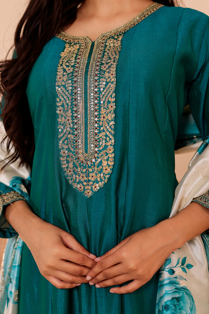 Rama Vichitra Silk Anarkali Suit with Floral Dupatta