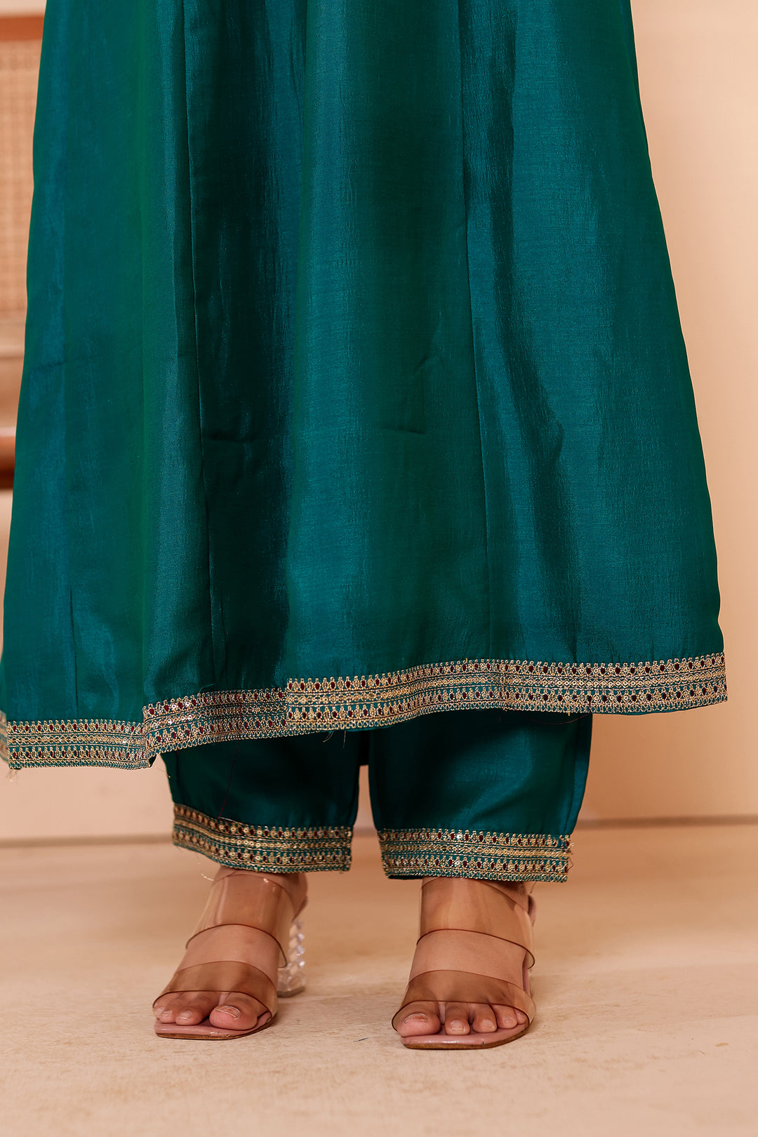 Rama Vichitra Silk Anarkali Suit with Floral Dupatta