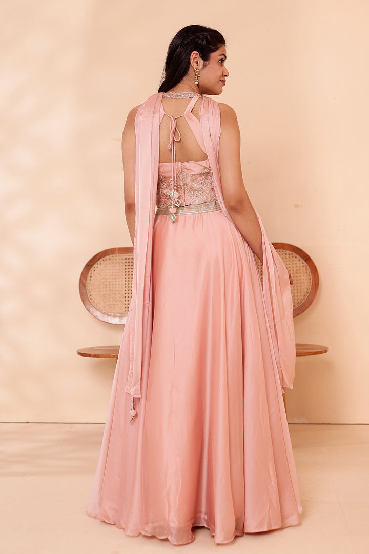 Light Peach Crepe Tissue Silk Lehenga Choli.