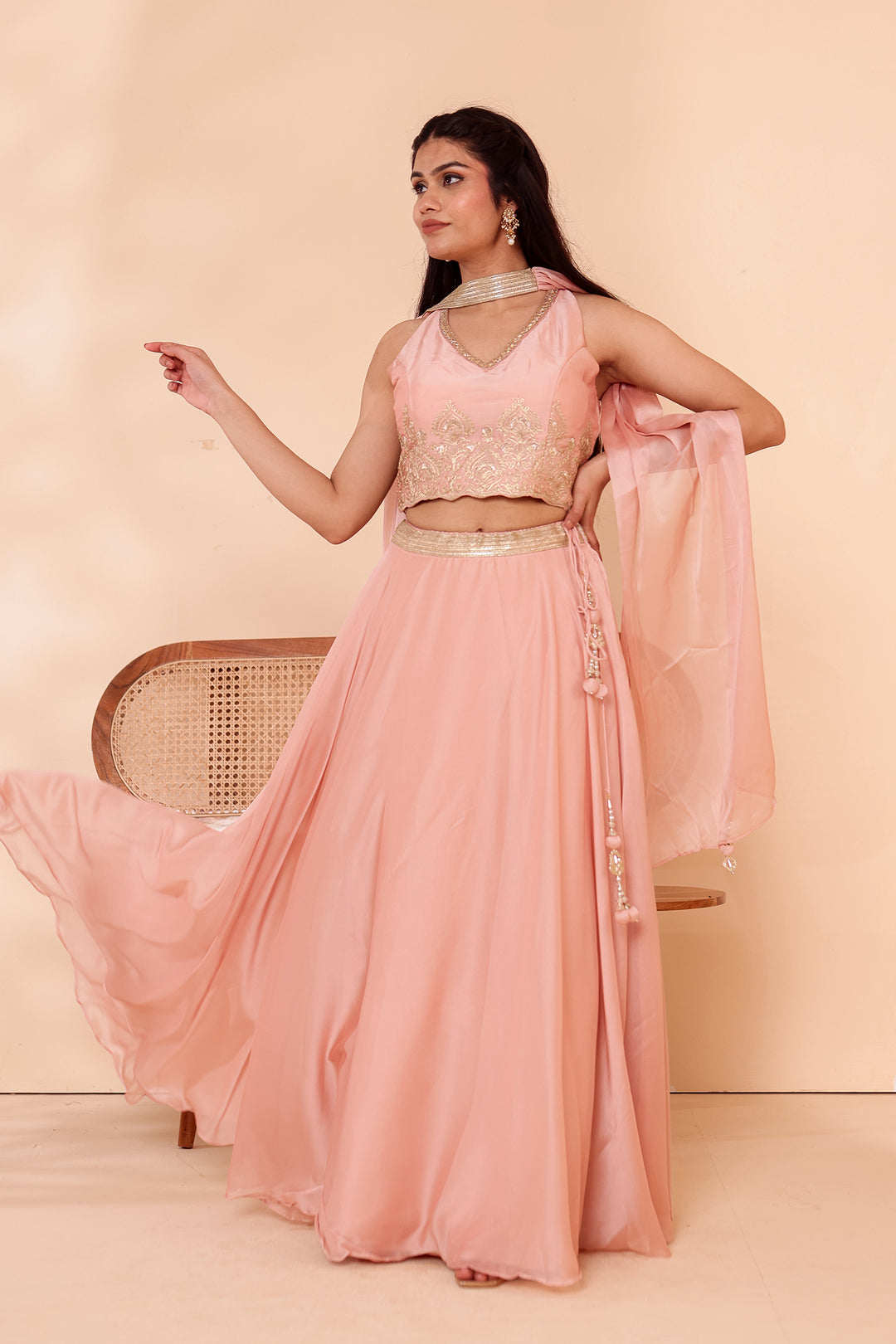 Light Peach Crepe Tissue Silk Lehenga Choli.