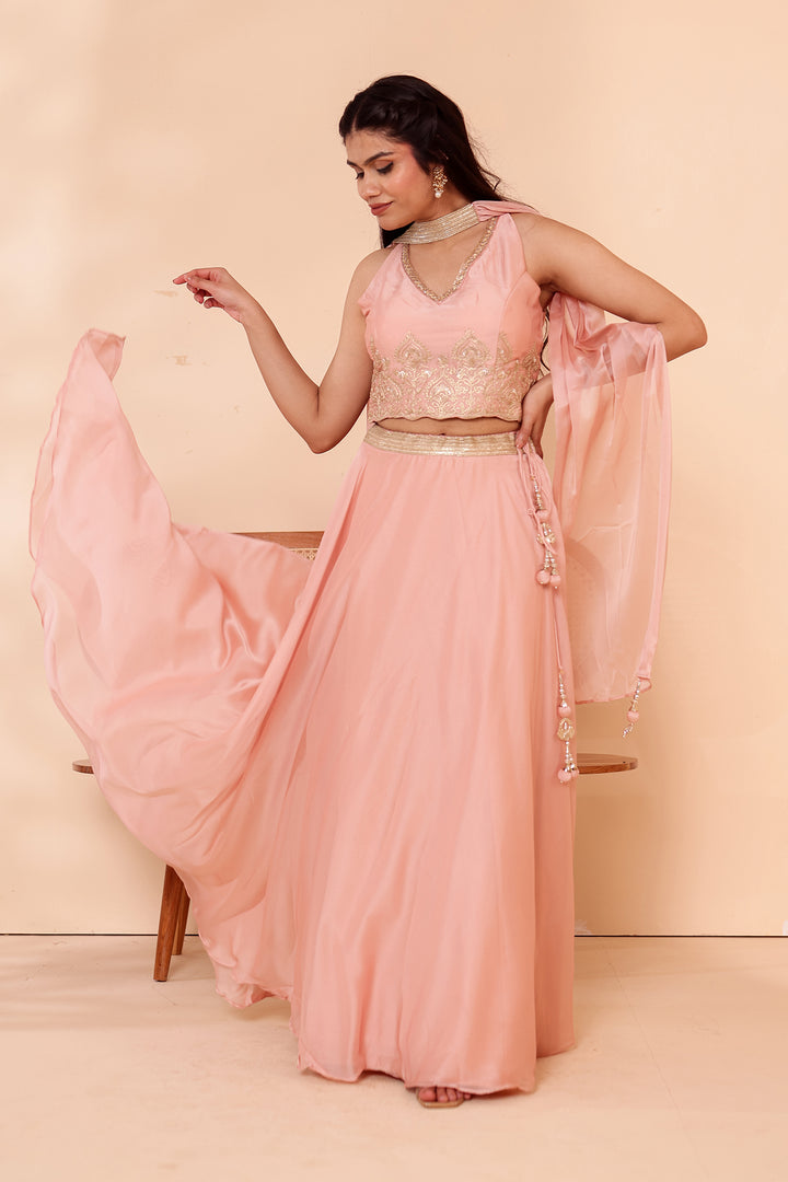 Light Peach Crepe Tissue Silk Lehenga Choli.