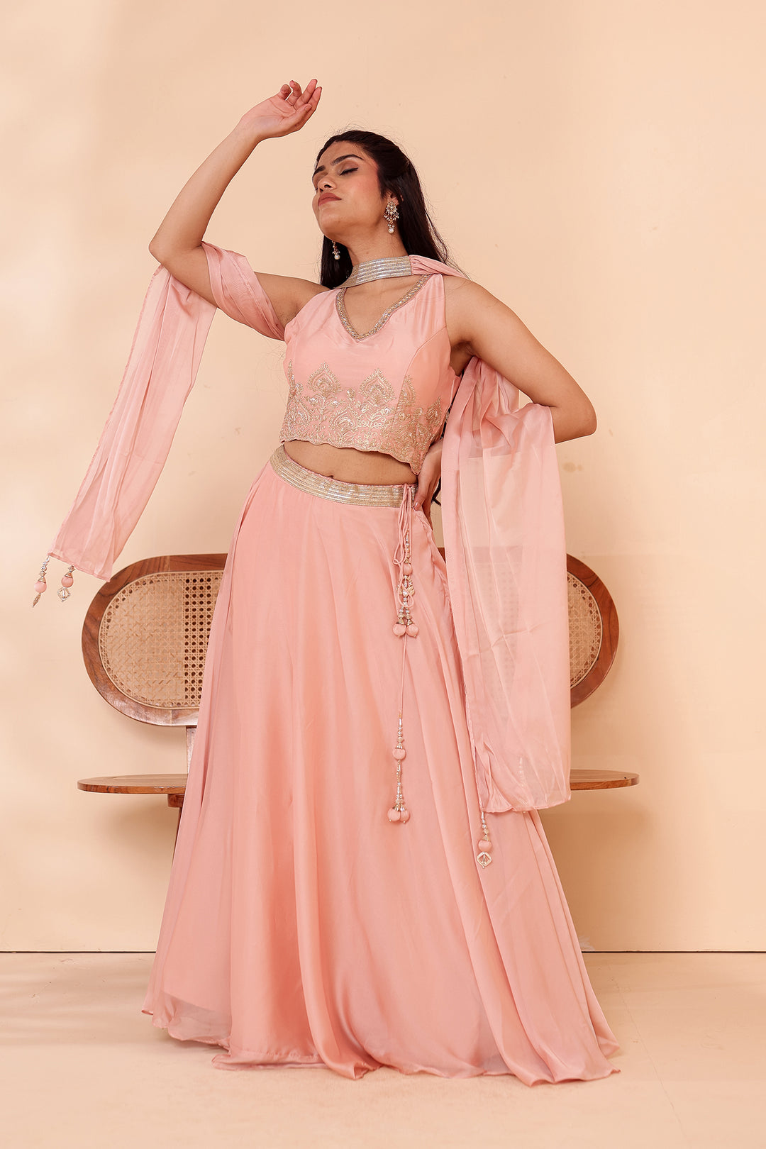 Light Peach Crepe Tissue Silk Lehenga Choli.