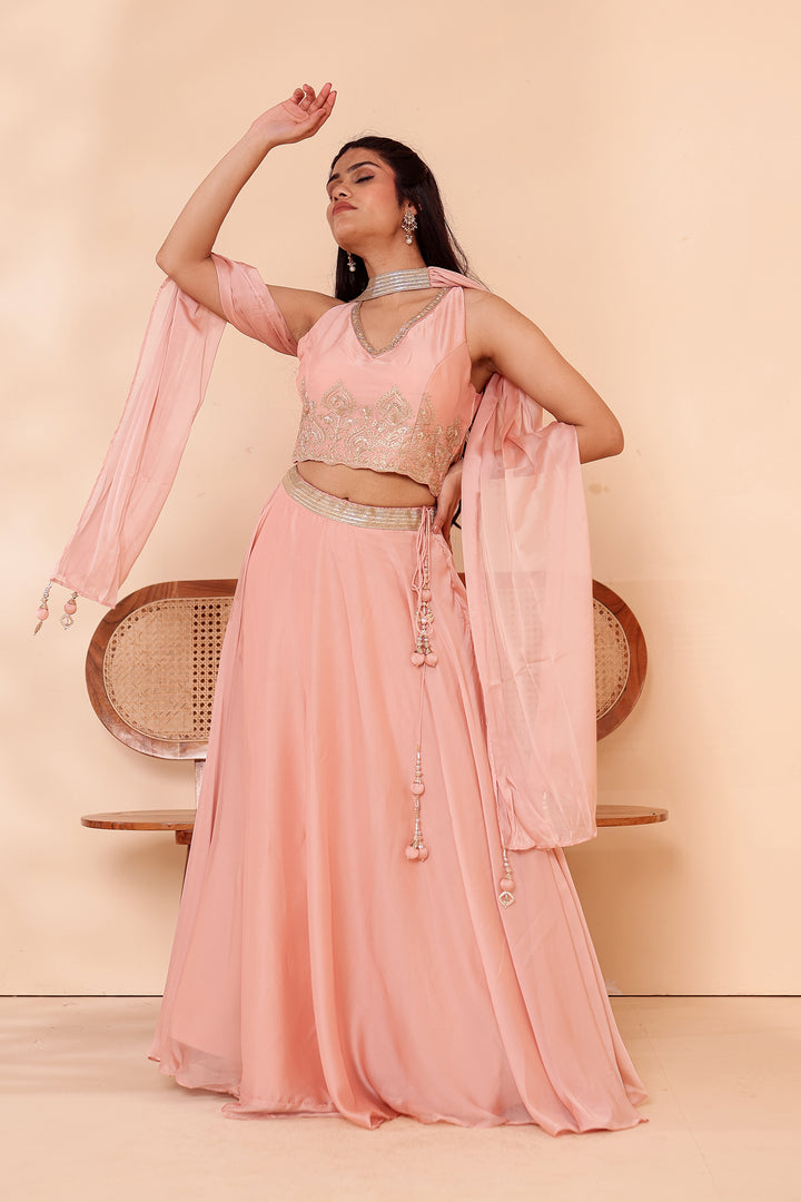 Light Peach Crepe Tissue Silk Lehenga Choli.