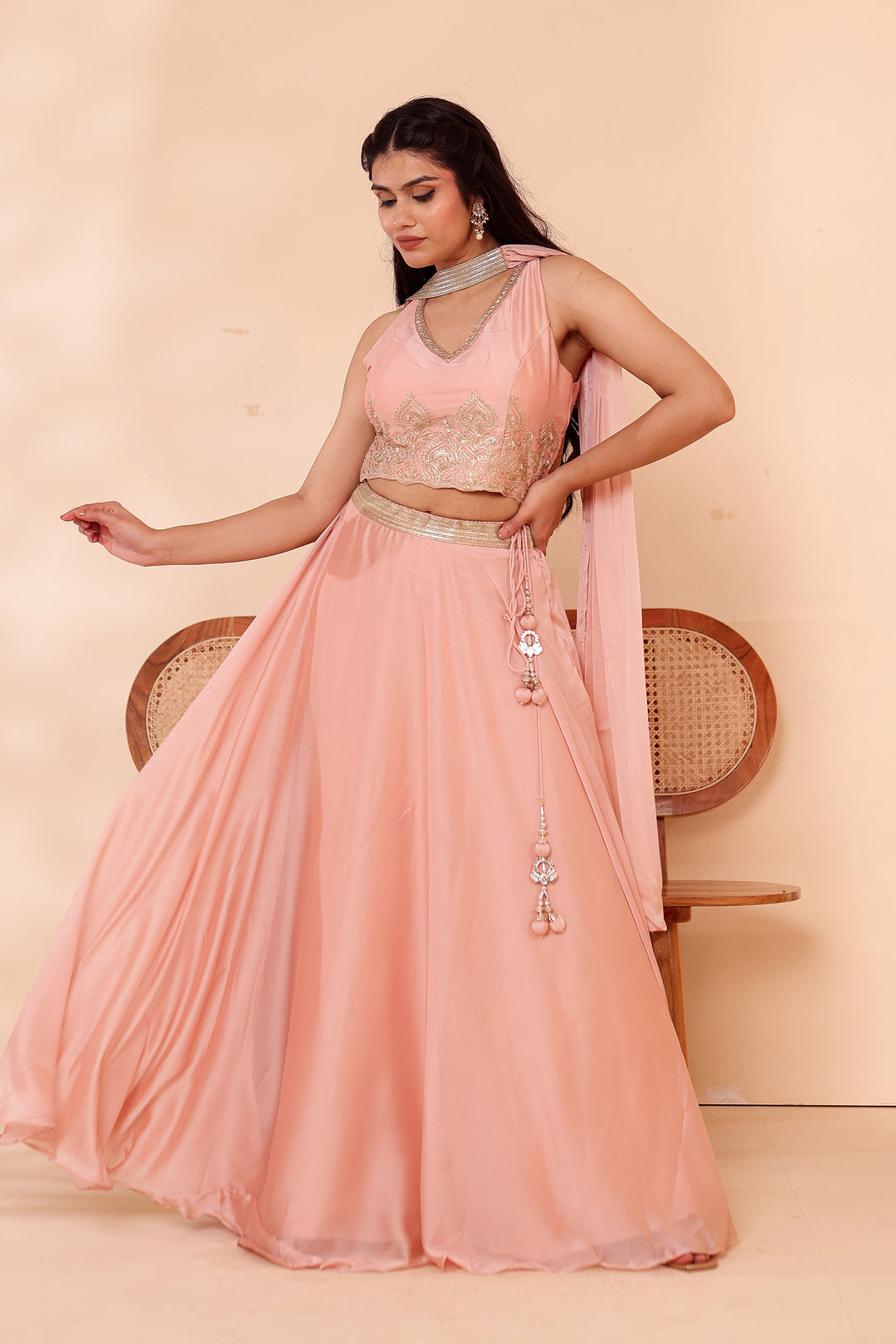 Light Peach Crepe Tissue Silk Lehenga Choli.