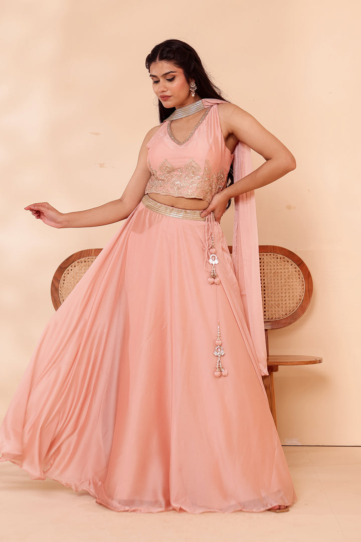 Light Peach Crepe Tissue Silk Lehenga Choli.