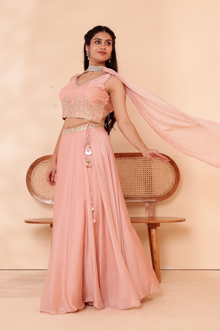 Light Peach Crepe Tissue Silk Lehenga Choli.