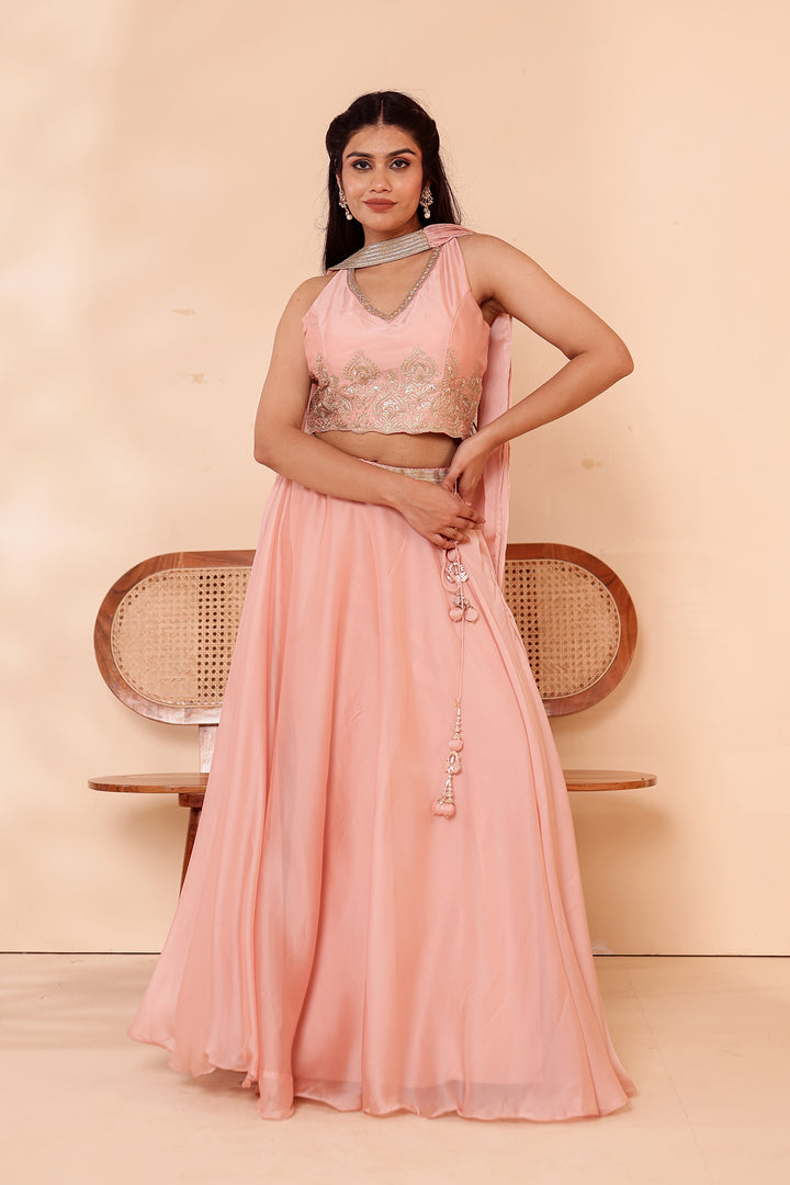 Light Peach Crepe Tissue Silk Lehenga Choli.