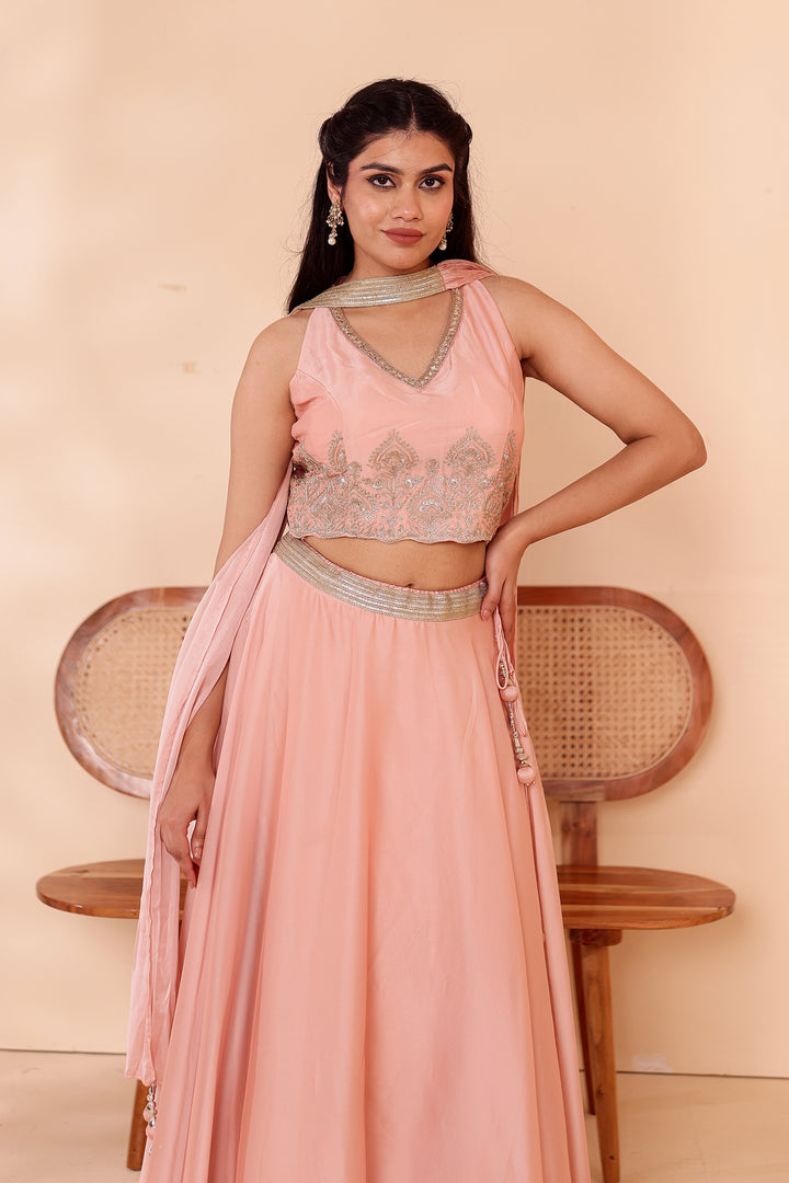 Light Peach Crepe Tissue Silk Lehenga Choli.