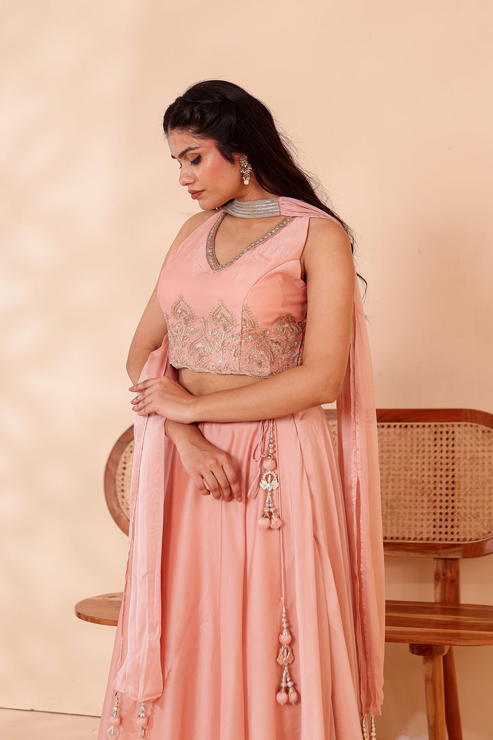 Light Peach Crepe Tissue Silk Lehenga Choli.