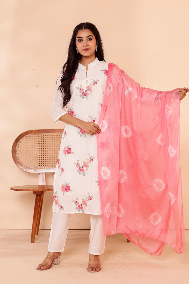 White Roman Silk Straight Cut Kurta Set.