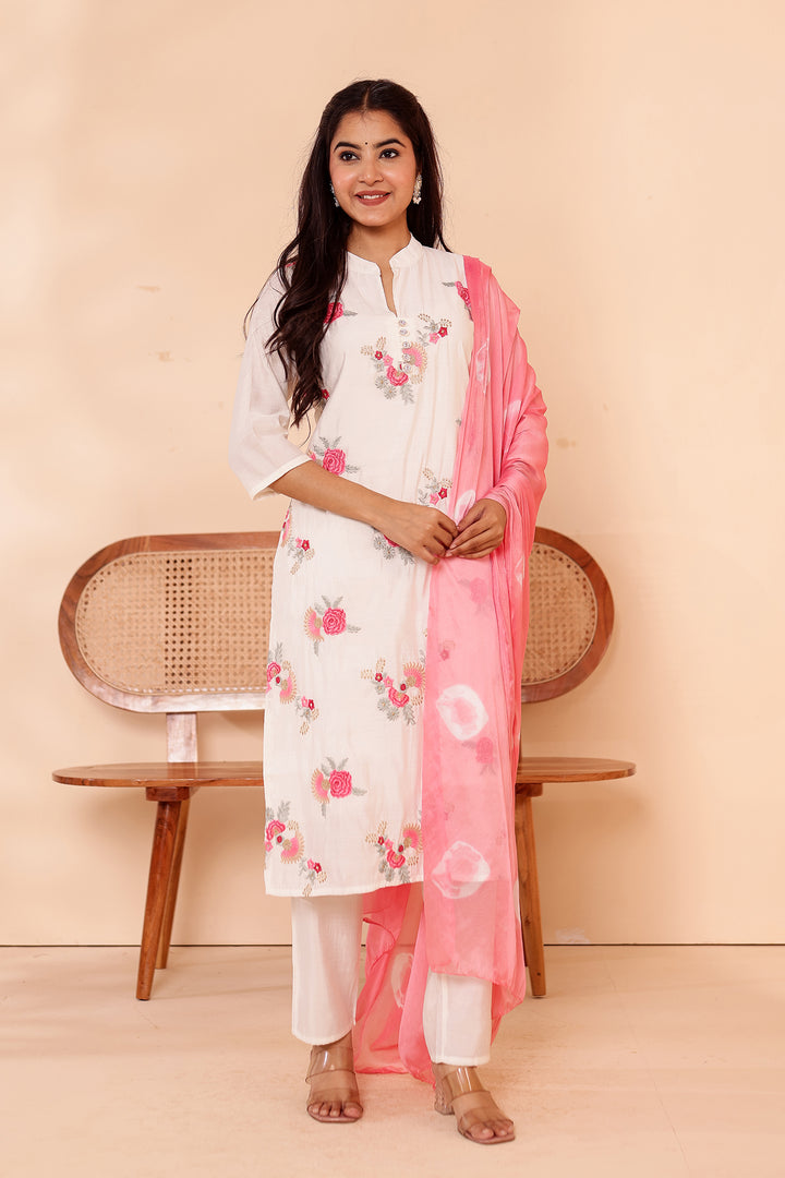 White Roman Silk Straight Cut Kurta Set.