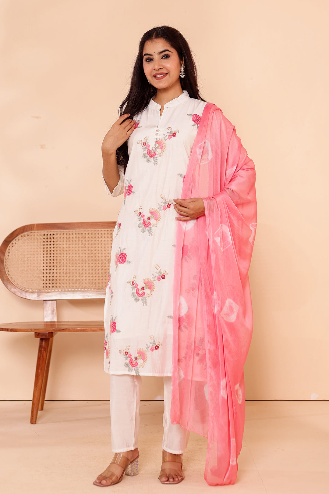 White Roman Silk Straight Cut Kurta Set.