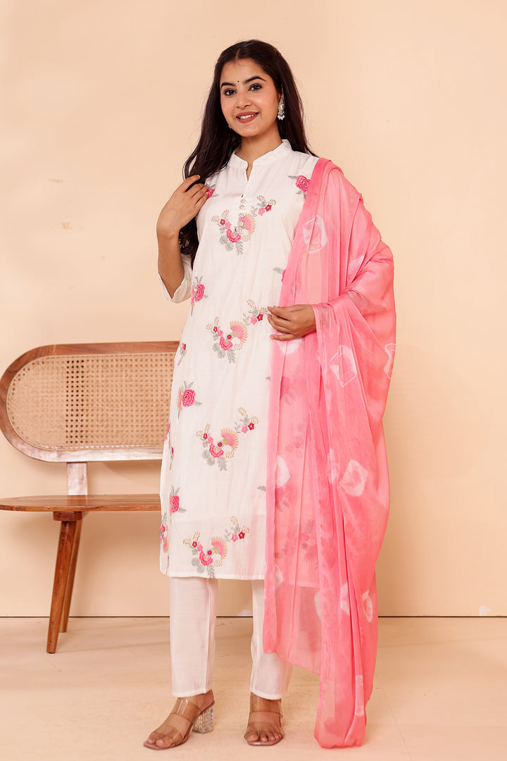 White Roman Silk Straight Cut Kurta Set.