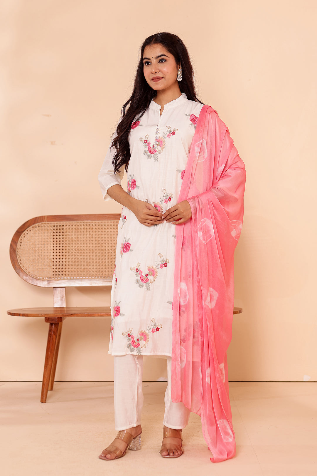 White Roman Silk Straight Cut Kurta Set.