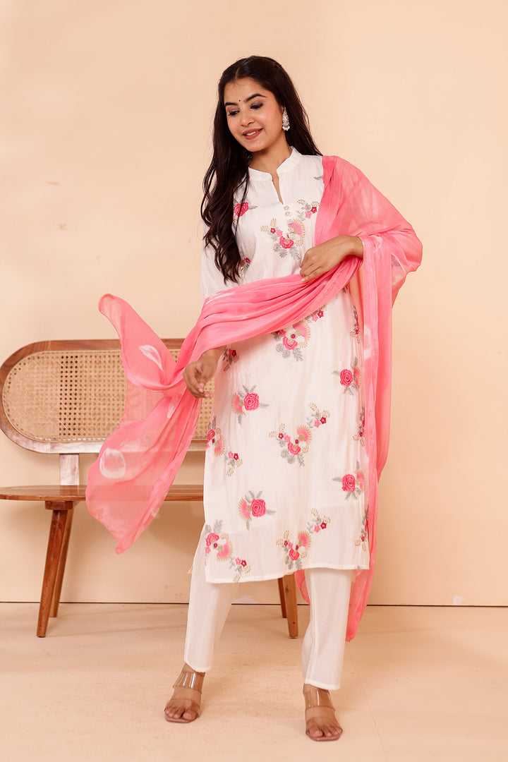 White Roman Silk Straight Cut Kurta Set.