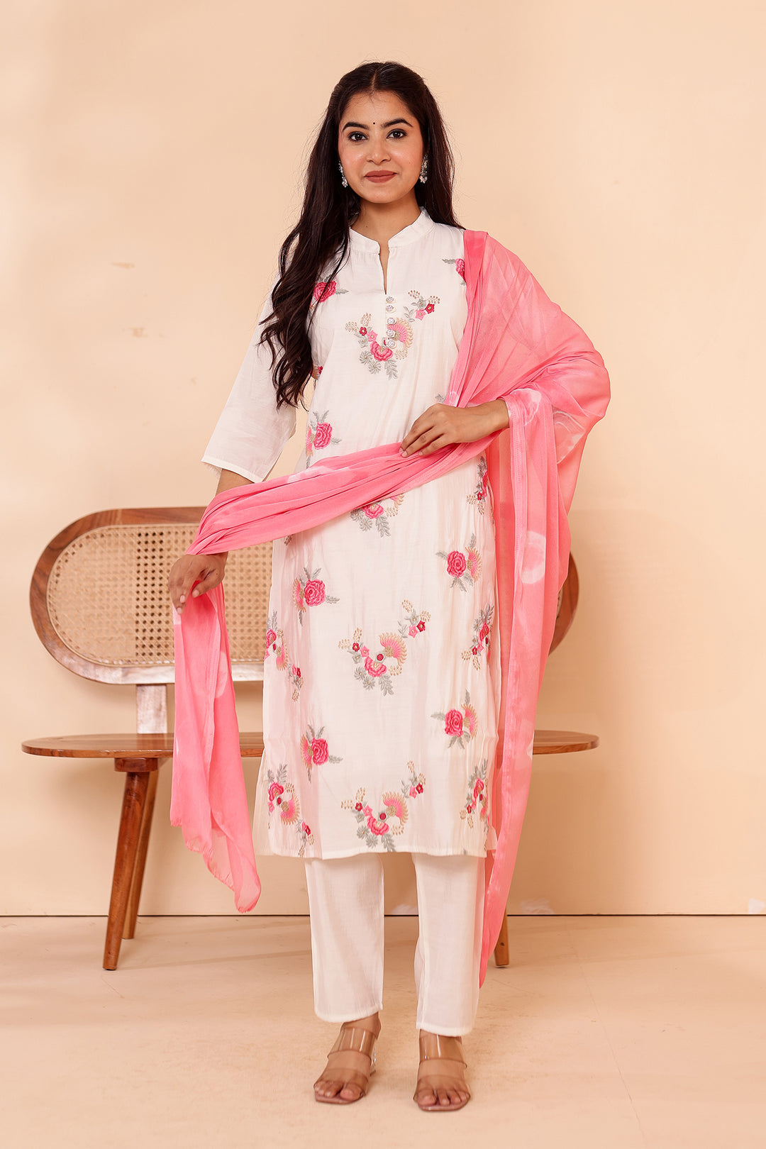 White Roman Silk Straight Cut Kurta Set.