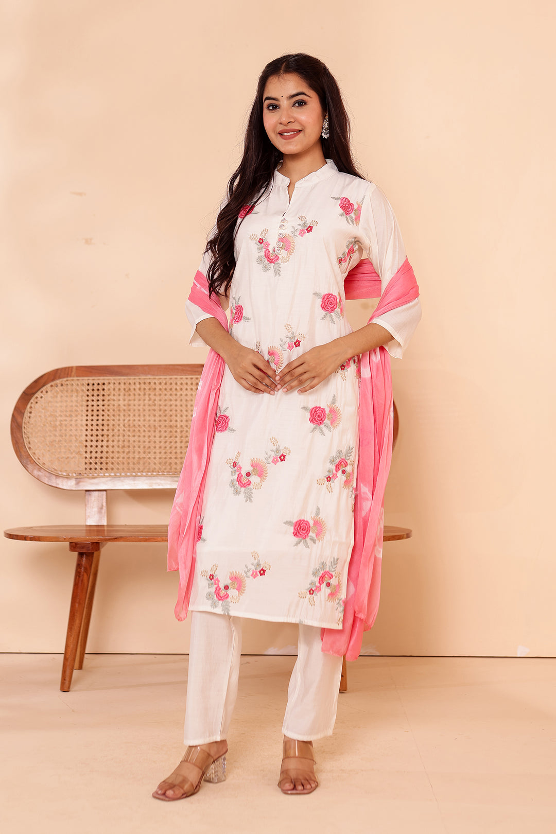White Roman Silk Straight Cut Kurta Set.