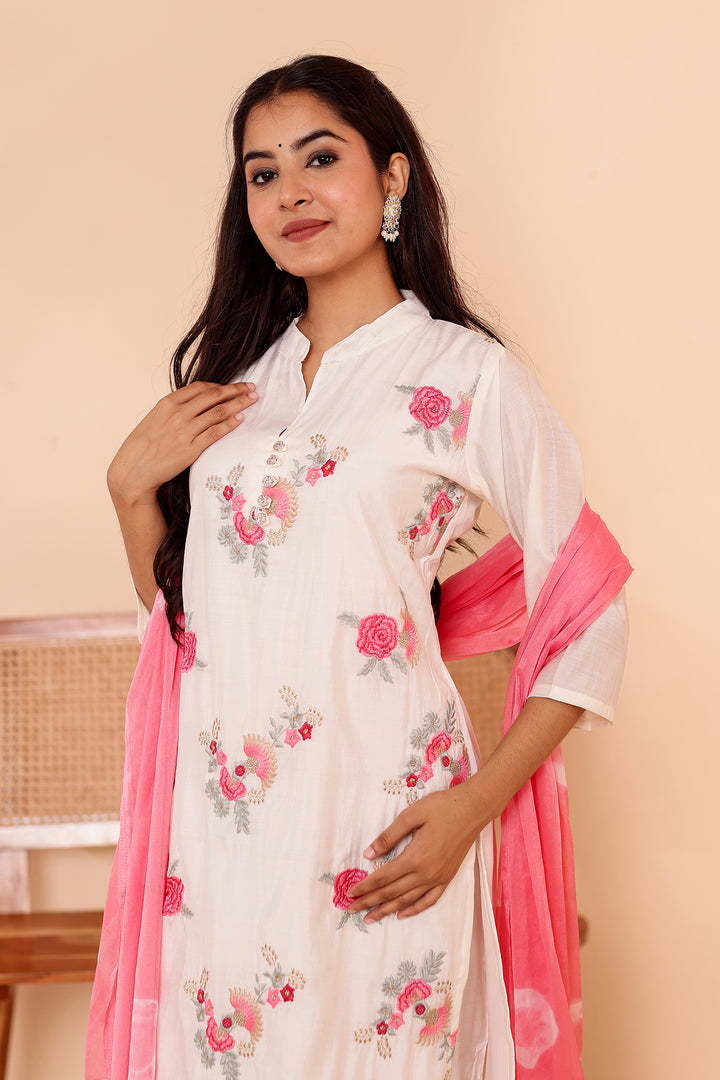 White Roman Silk Straight Cut Kurta Set.