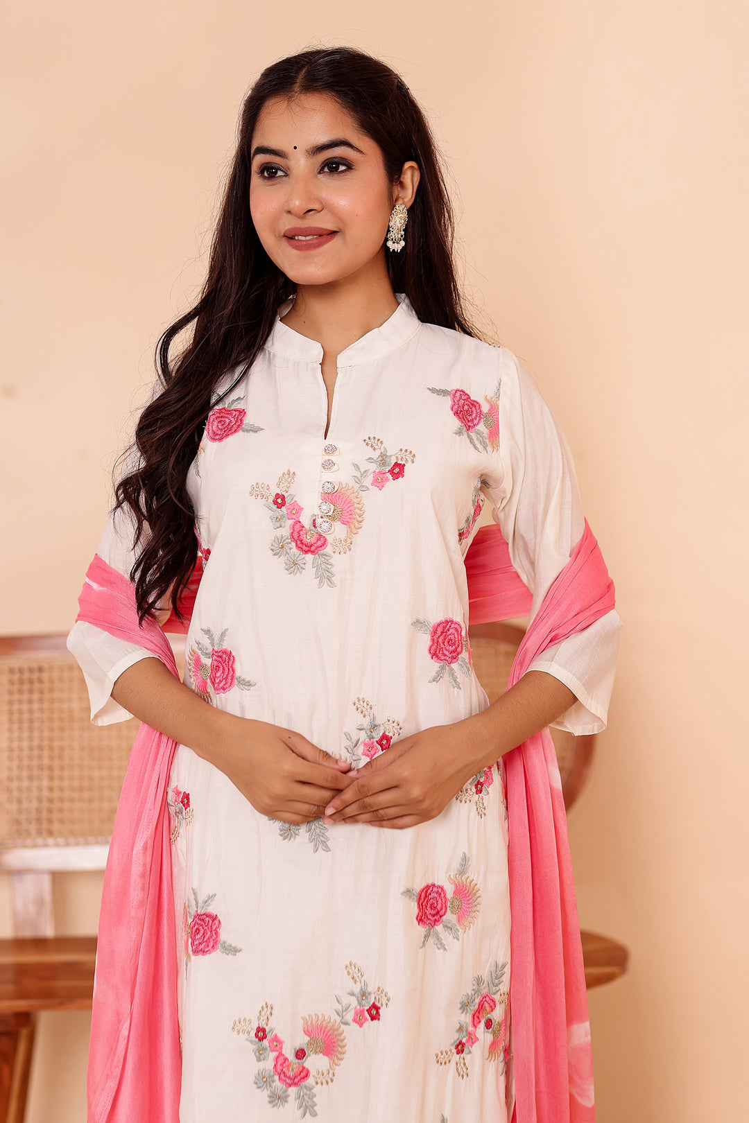 White Roman Silk Straight Cut Kurta Set.