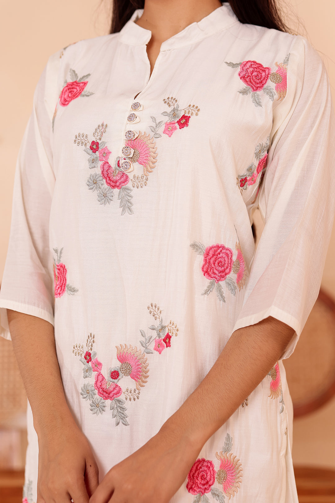 White Roman Silk Straight Cut Kurta Set.