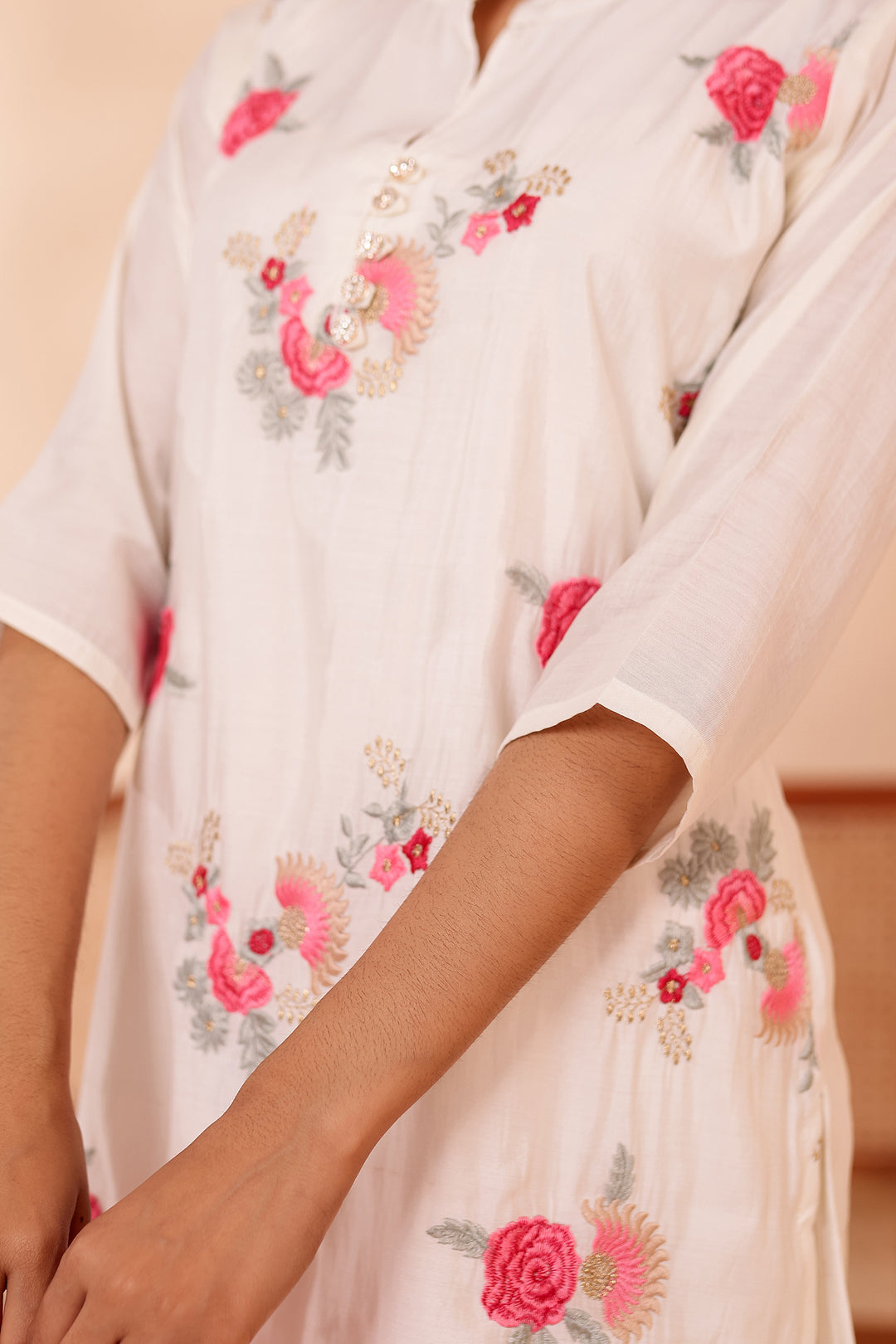 White Roman Silk Straight Cut Kurta Set.