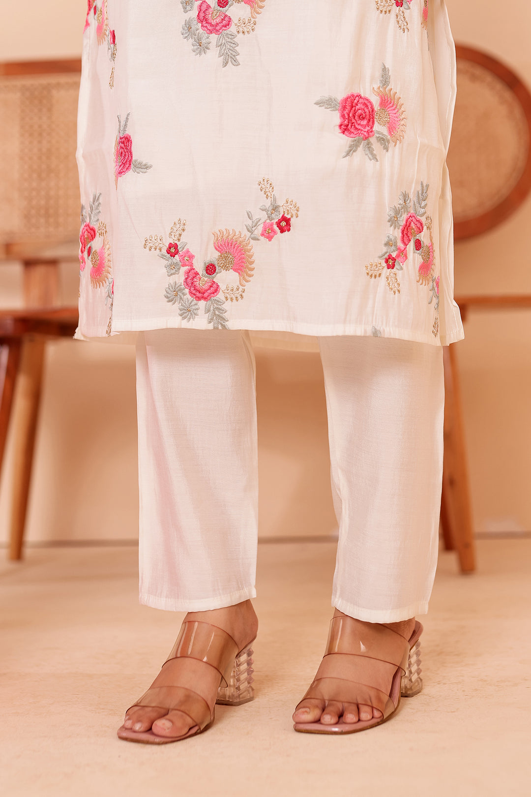 White Roman Silk Straight Cut Kurta Set.