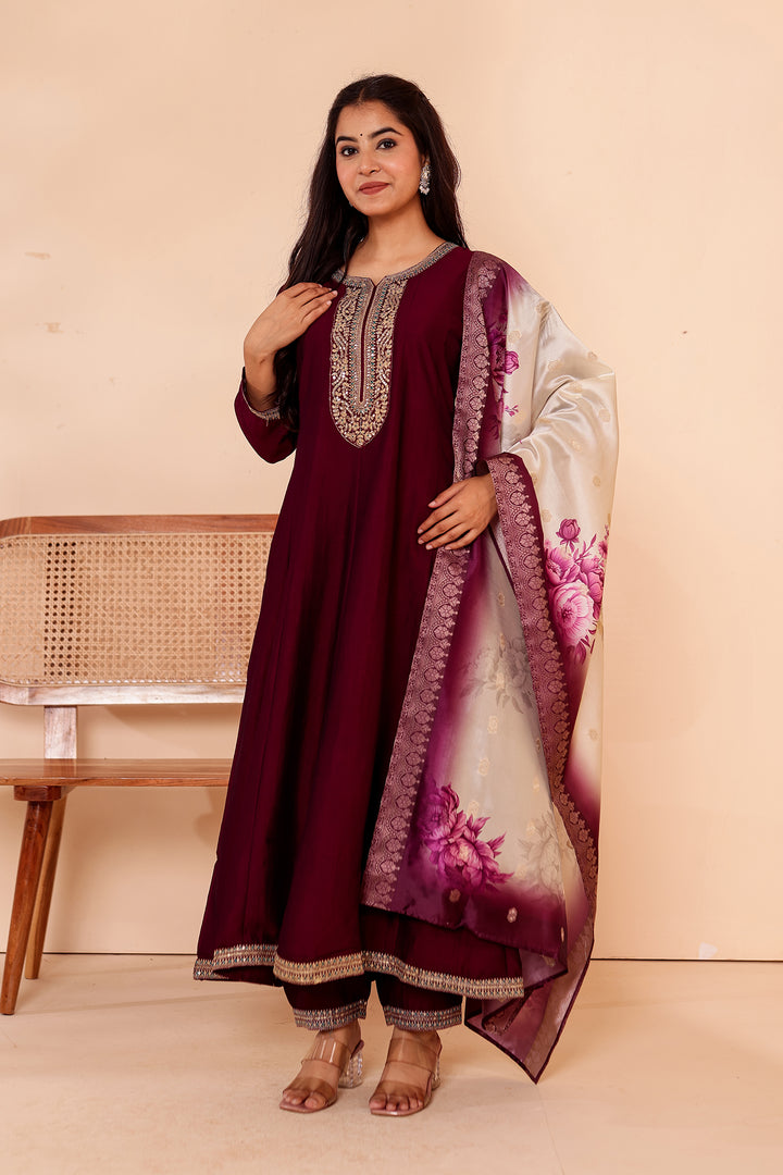 Magenta Vichitra Silk Anarkali Suit with Floral Dupatta.
