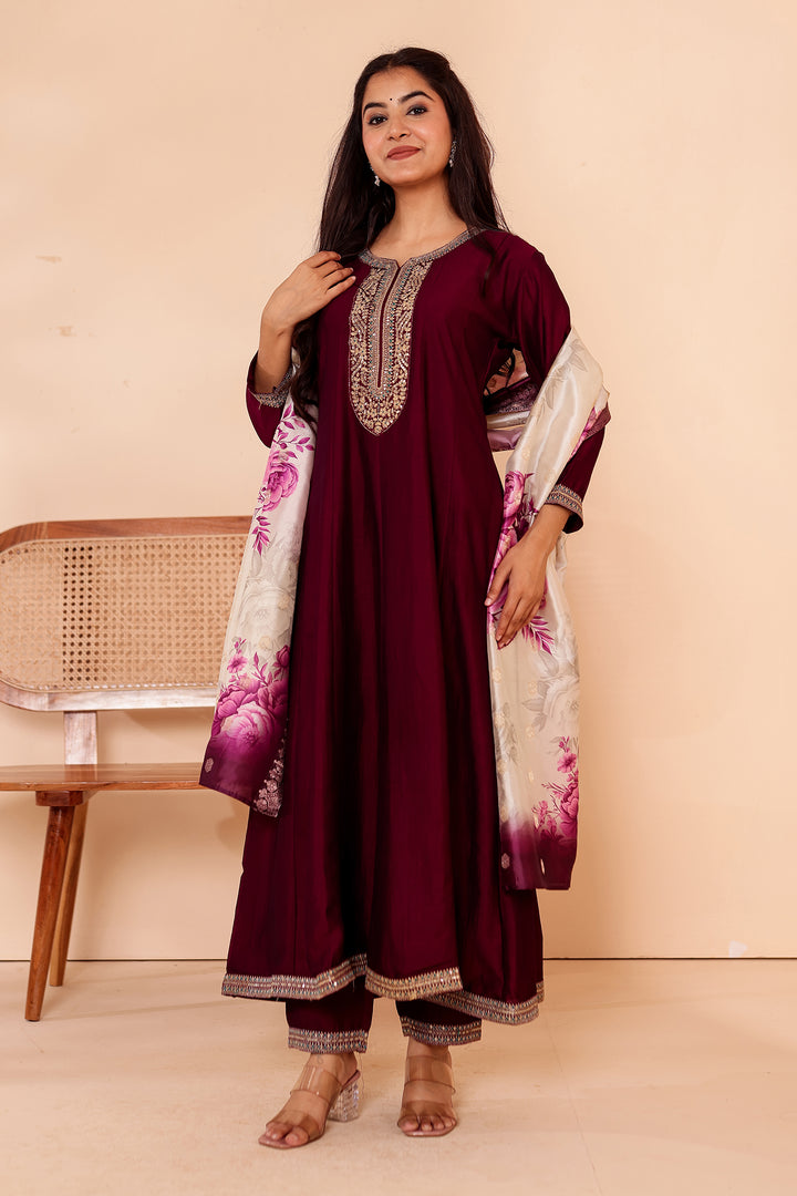 Magenta Vichitra Silk Anarkali Suit with Floral Dupatta.
