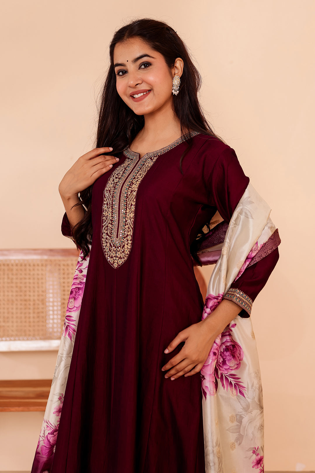 Magenta Vichitra Silk Anarkali Suit with Floral Dupatta.