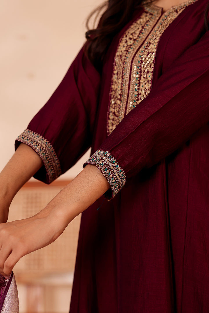 Magenta Vichitra Silk Anarkali Suit with Floral Dupatta.