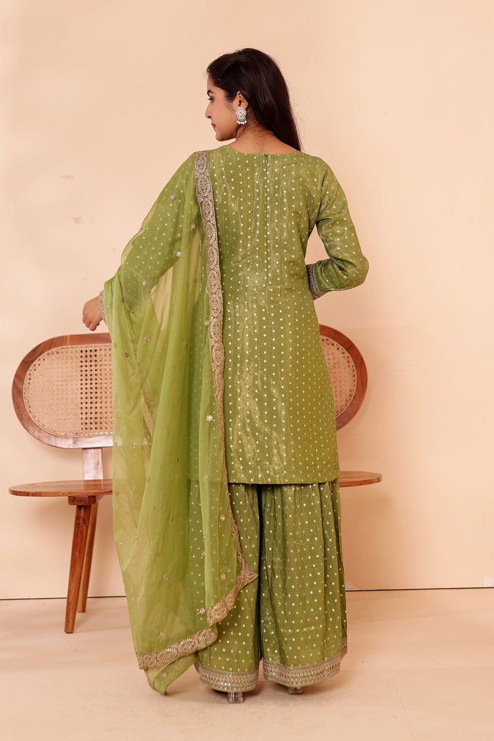 Mehndi Green Shimer Butti Sharara Suit.